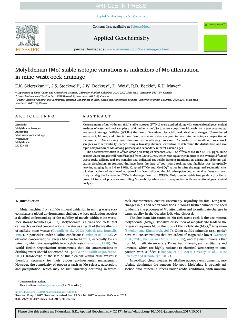 Molybdenum (Mo) stable isotopic variations as indicators of Mo attenuation in mine waste-rock drainage