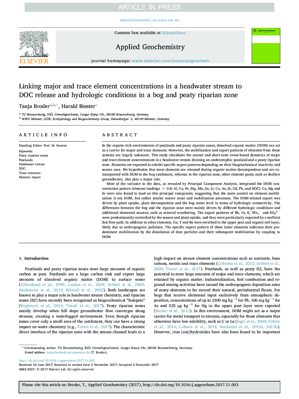 Linking major and trace element concentrations in a headwater stream to DOC release and hydrologic conditions in a bog and peaty riparian zone