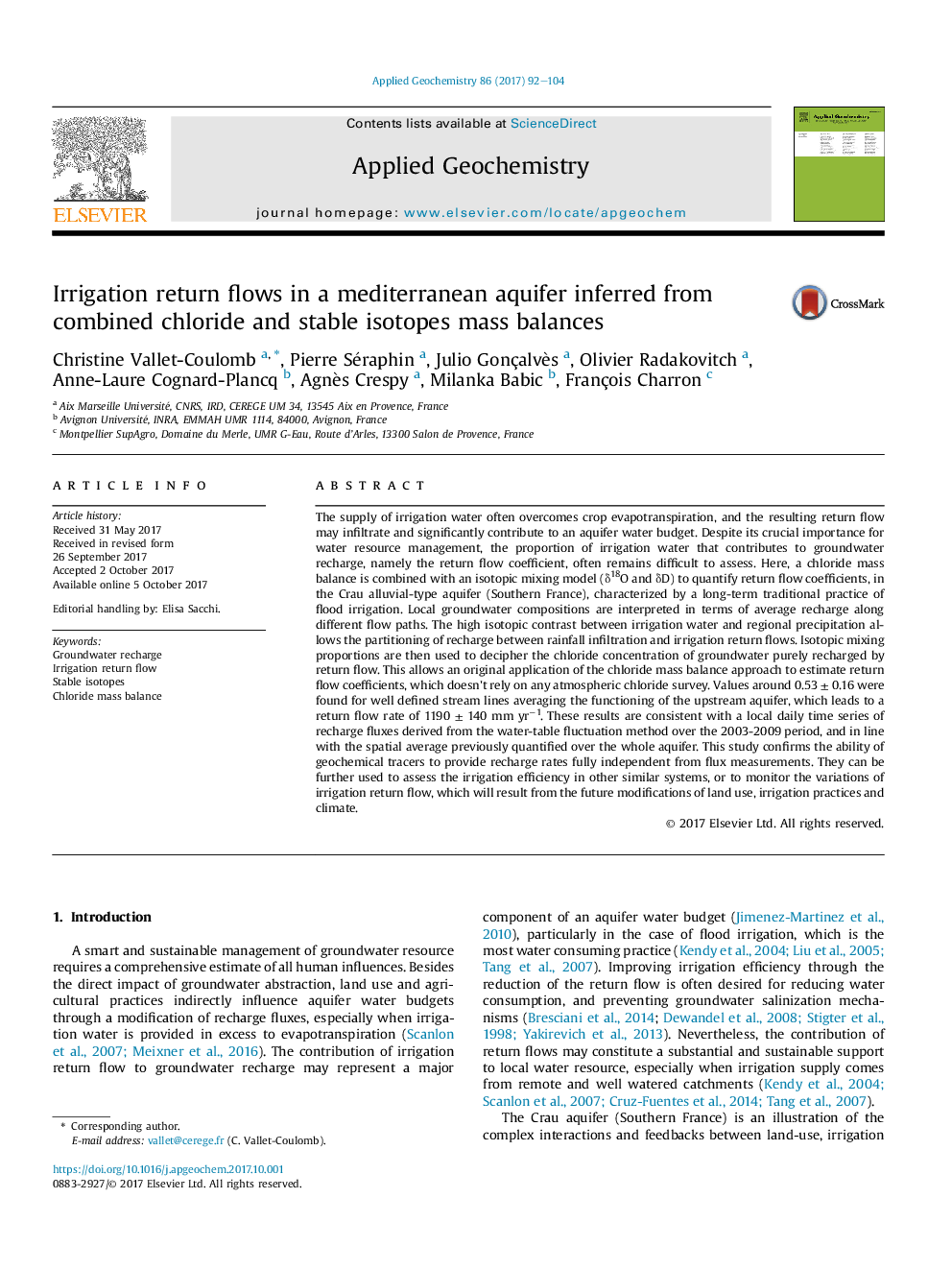 Irrigation return flows in a mediterranean aquifer inferred from combined chloride and stable isotopes mass balances