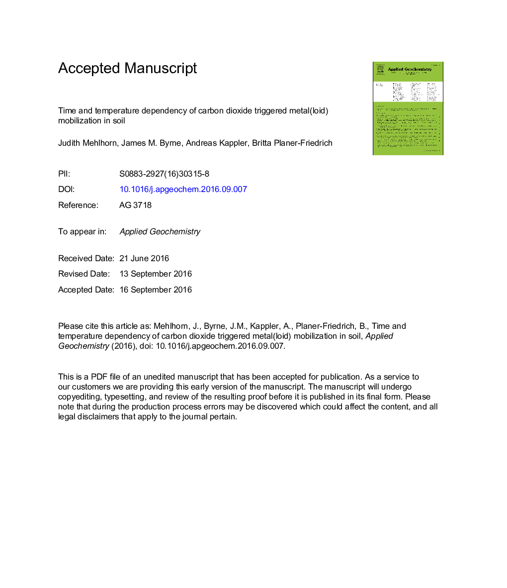 Time and temperature dependency of carbon dioxide triggered metal(loid) mobilization in soil