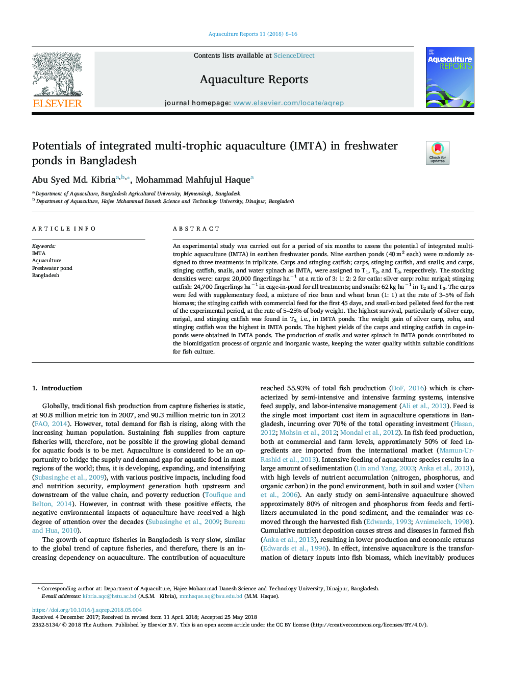 Potentials of integrated multi-trophic aquaculture (IMTA) in freshwater ponds in Bangladesh