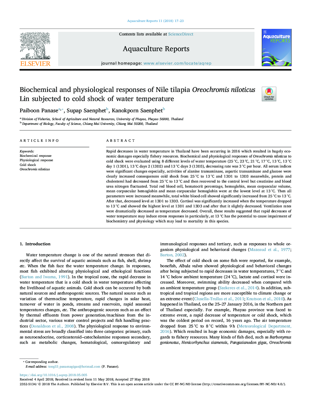 Biochemical and physiological responses of Nile tilapia Oreochromis niloticus Lin subjected to cold shock of water temperature