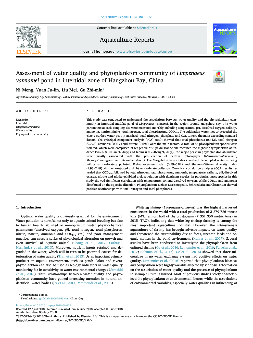 Assessment of water quality and phytoplankton community of Limpenaeus vannamei pond in intertidal zone of Hangzhou Bay, China