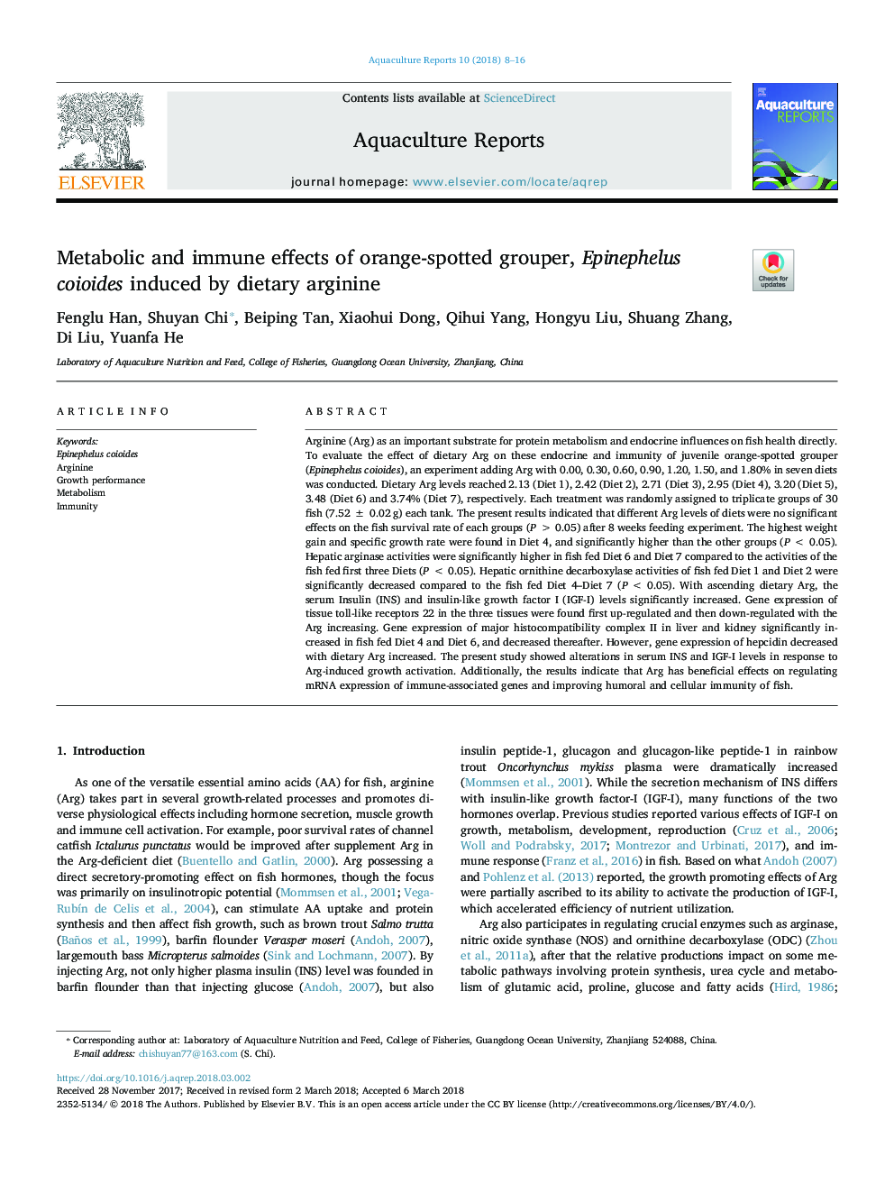 Metabolic and immune effects of orange-spotted grouper, Epinephelus coioides induced by dietary arginine