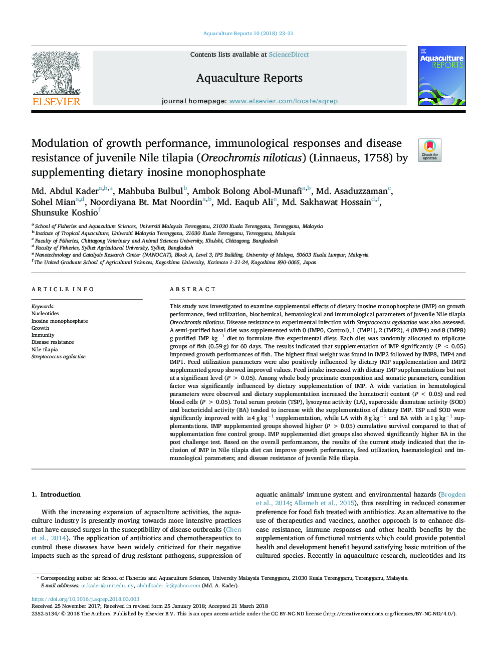 Modulation of growth performance, immunological responses and disease resistance of juvenile Nile tilapia (Oreochromis niloticus) (Linnaeus, 1758) by supplementing dietary inosine monophosphate