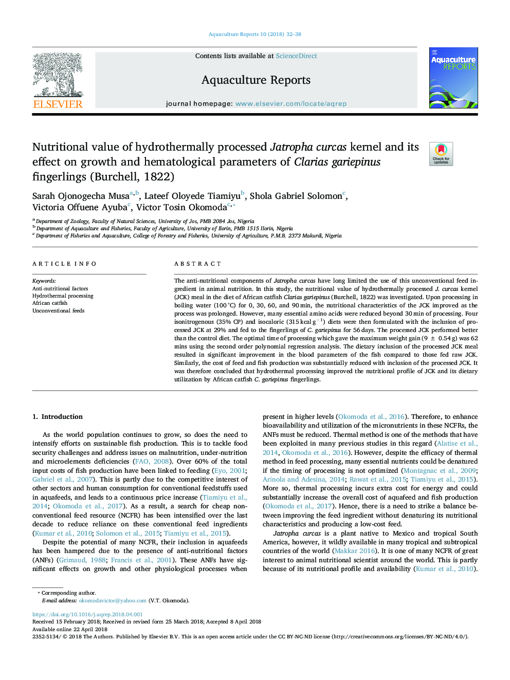 Nutritional value of hydrothermally processed Jatropha curcas kernel and its effect on growth and hematological parameters of Clarias gariepinus fingerlings (Burchell, 1822)