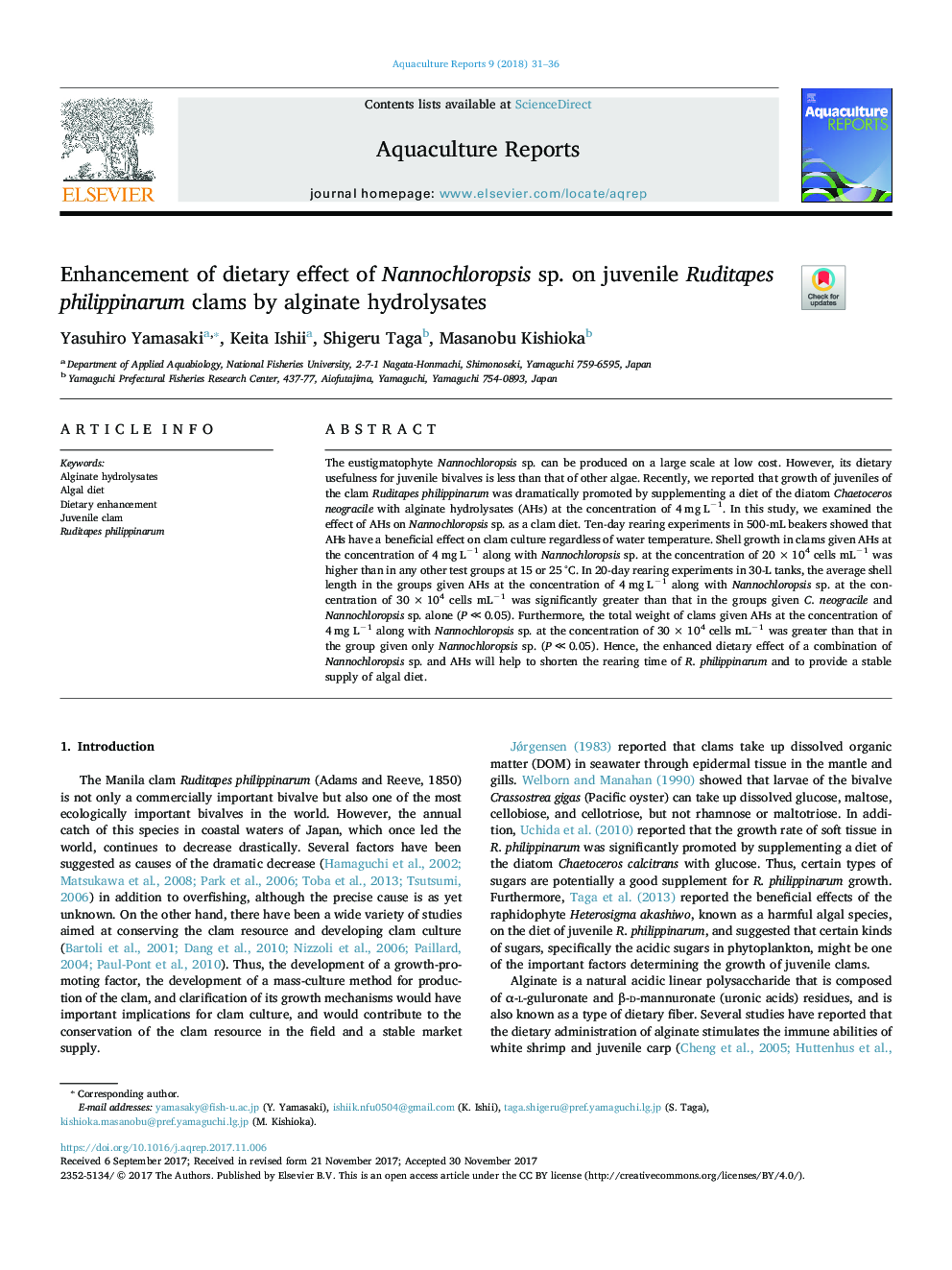 Enhancement of dietary effect of Nannochloropsis sp. on juvenile Ruditapes philippinarum clams by alginate hydrolysates