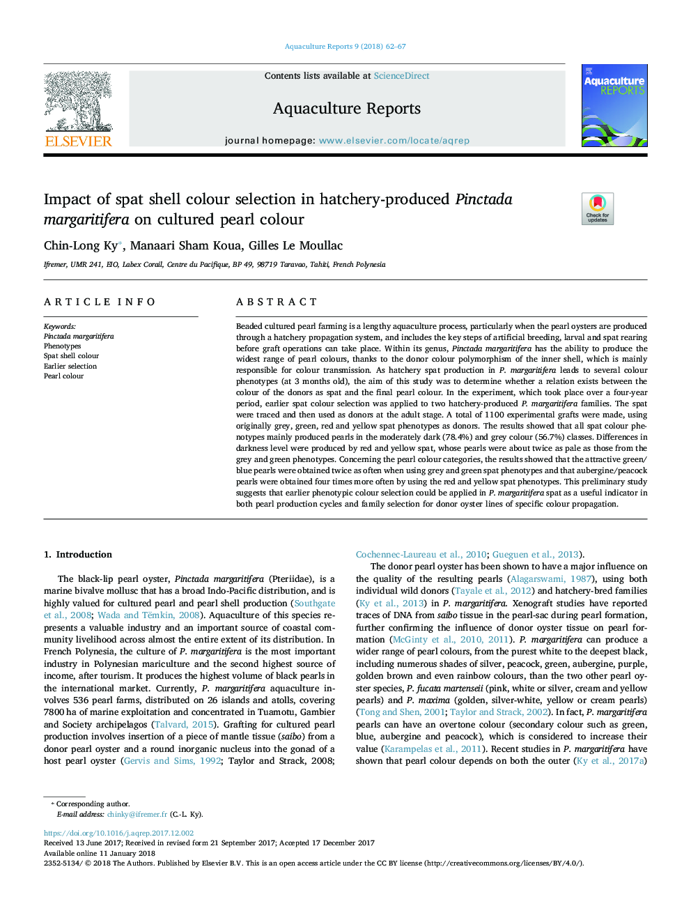 Impact of spat shell colour selection in hatchery-produced Pinctada margaritifera on cultured pearl colour