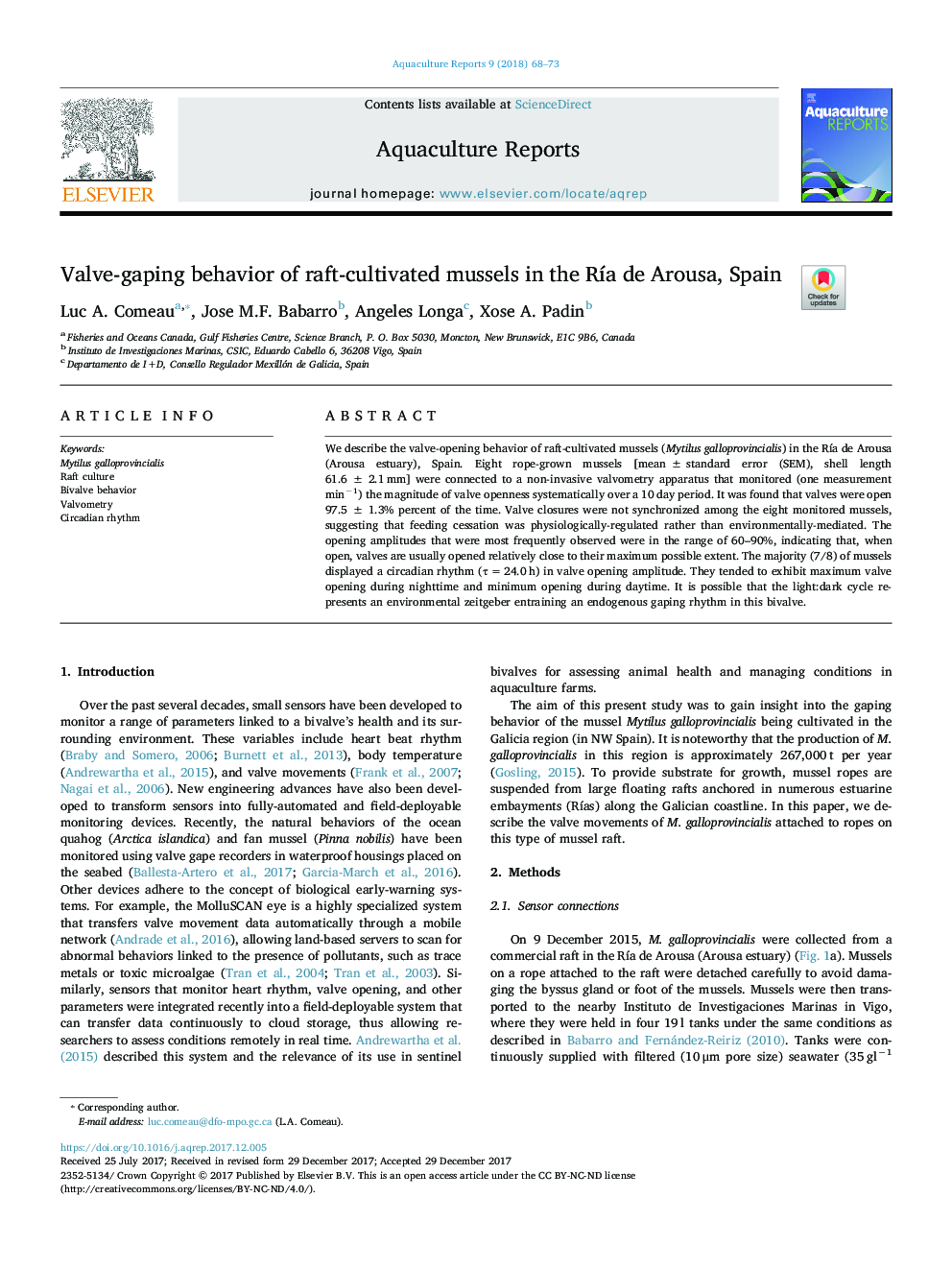 Valve-gaping behavior of raft-cultivated mussels in the RÃ­a de Arousa, Spain