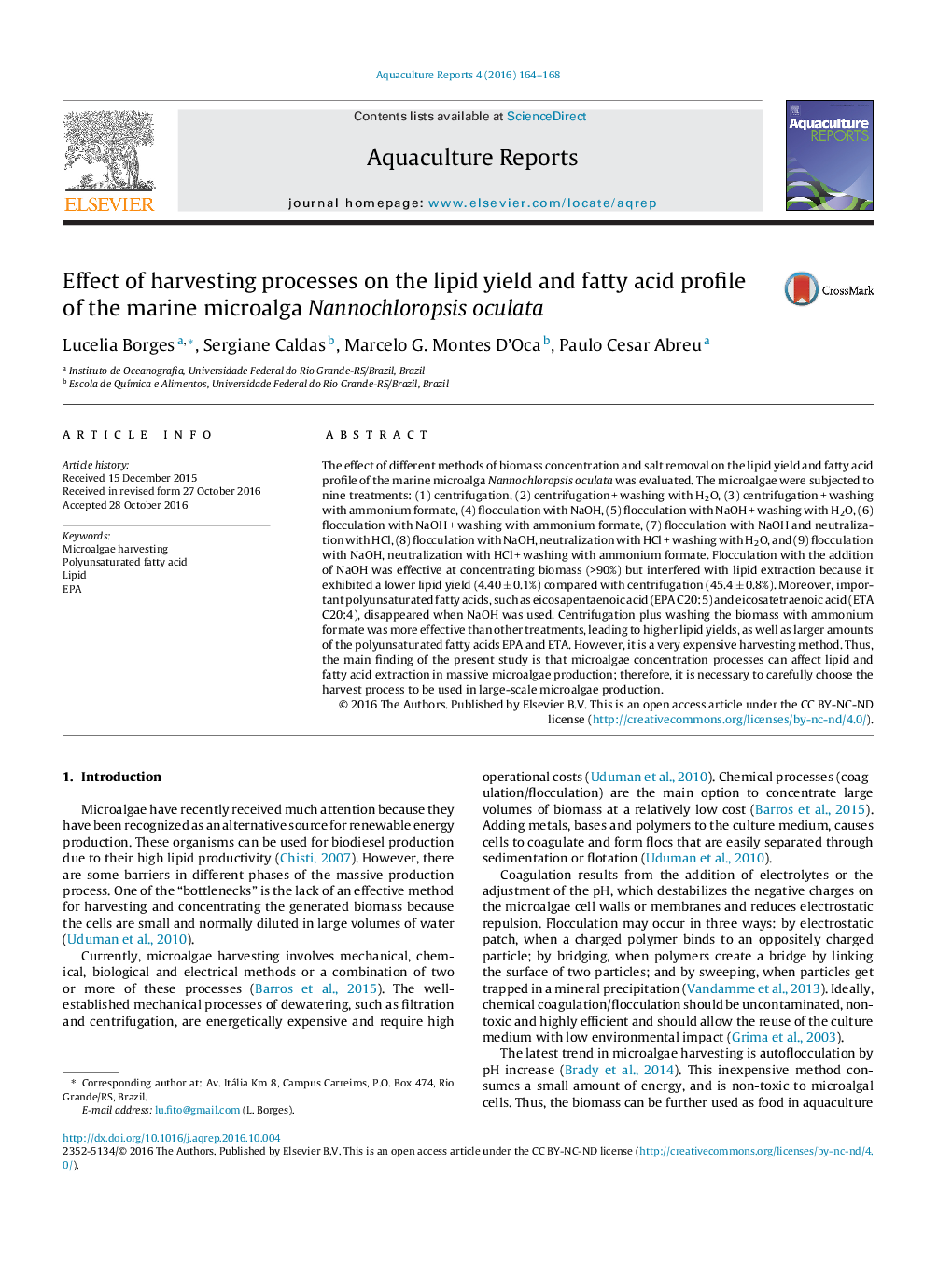 Effect of harvesting processes on the lipid yield and fatty acid profile of the marine microalga Nannochloropsis oculata