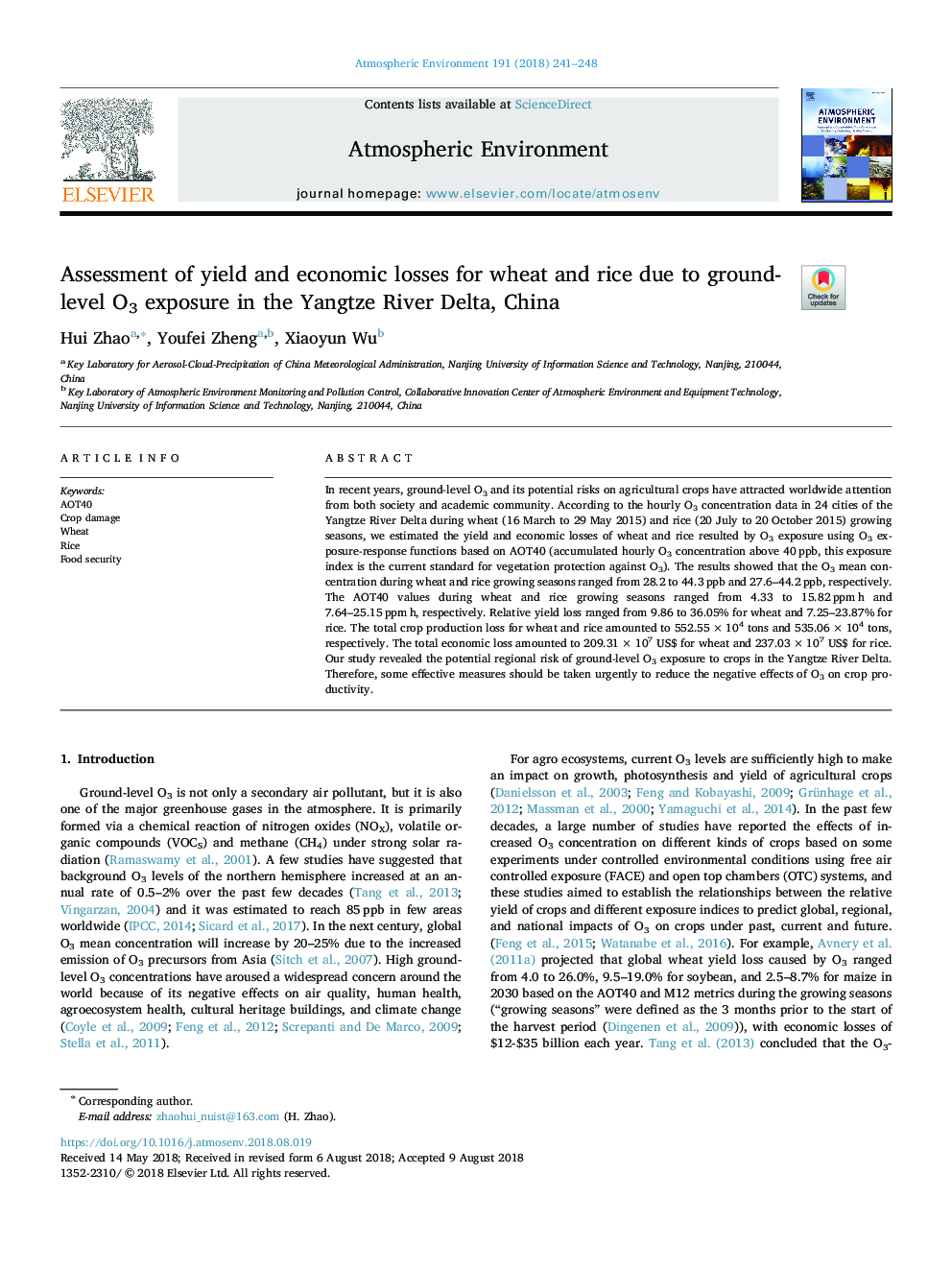 Assessment of yield and economic losses for wheat and rice due to ground-level O3 exposure in the Yangtze River Delta, China