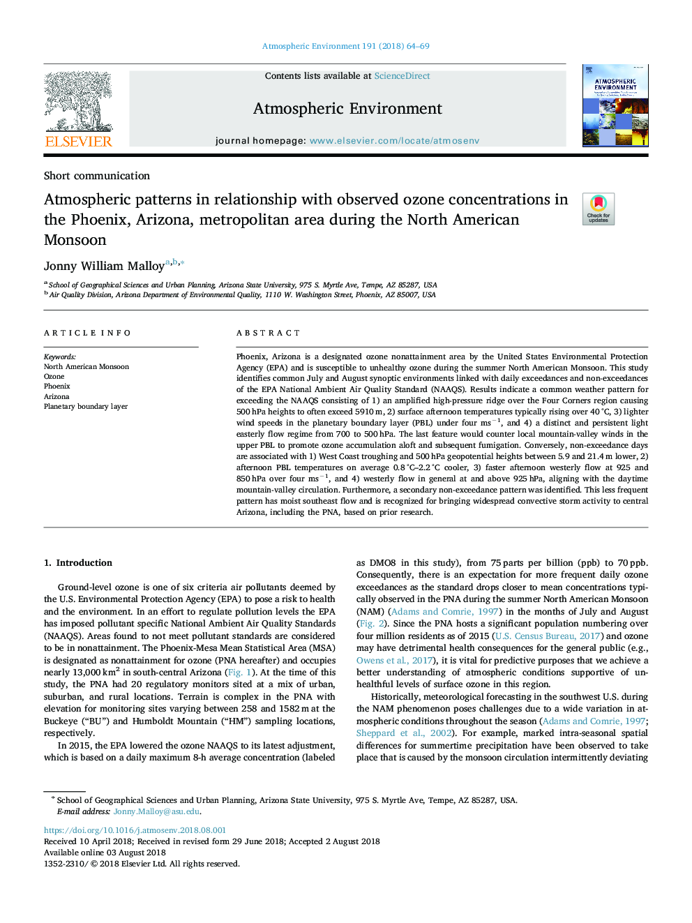 Atmospheric patterns in relationship with observed ozone concentrations in the Phoenix, Arizona, metropolitan area during the North American Monsoon