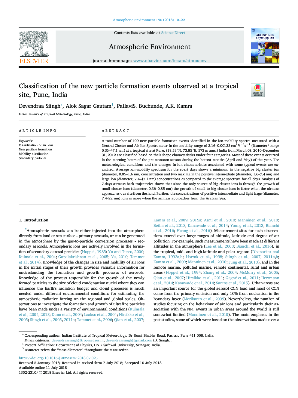 Classification of the new particle formation events observed at a tropical site, Pune, India