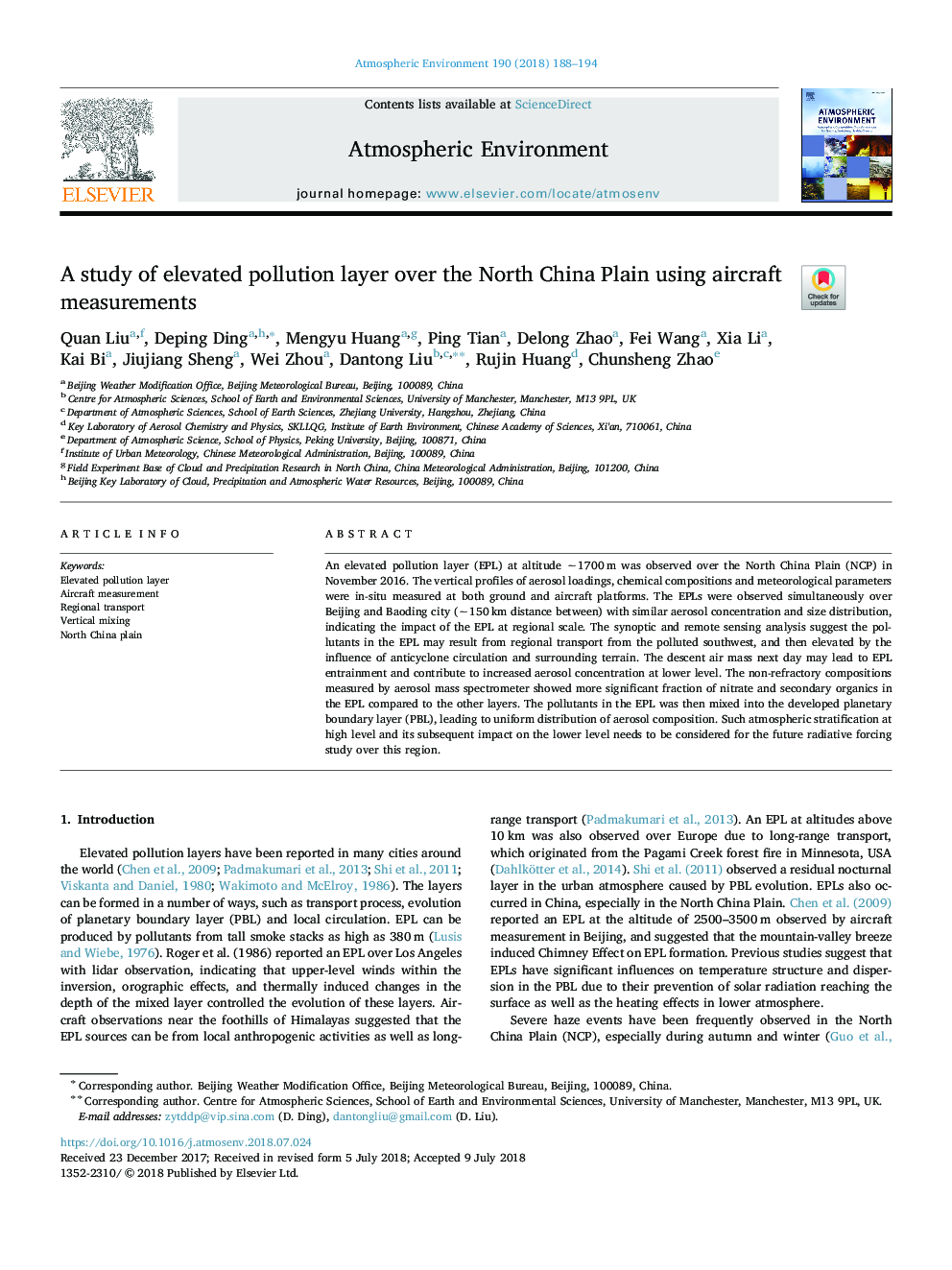 A study of elevated pollution layer over the North China Plain using aircraft measurements