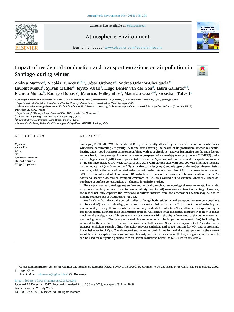 Impact of residential combustion and transport emissions on air pollution in Santiago during winter