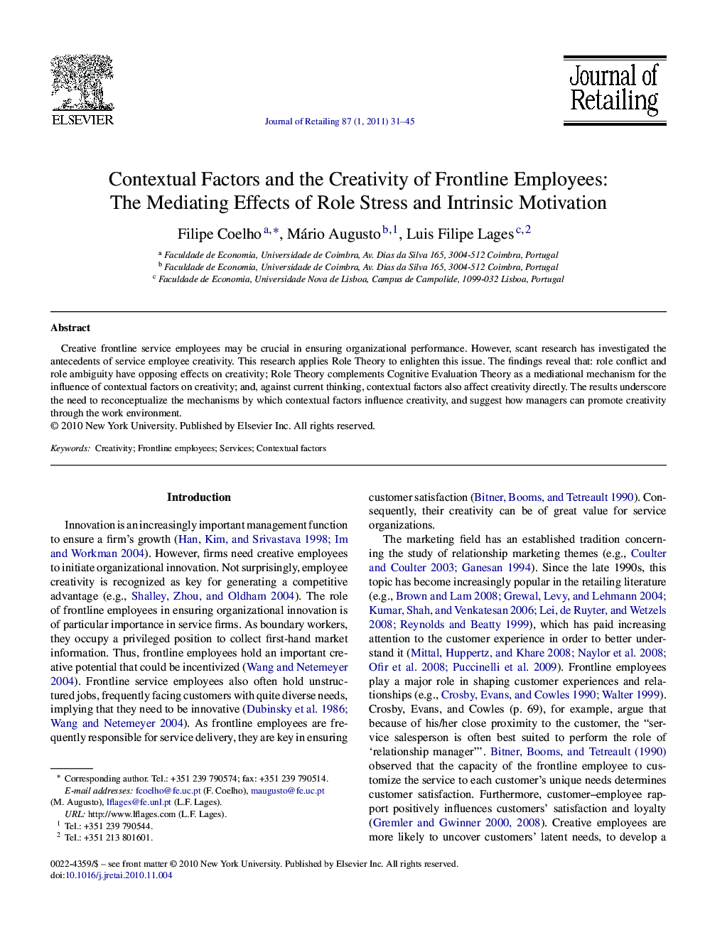 Contextual Factors and the Creativity of Frontline Employees: The Mediating Effects of Role Stress and Intrinsic Motivation