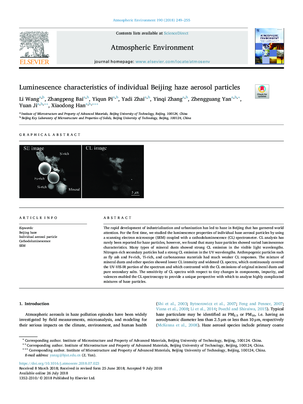 Luminescence characteristics of individual Beijing haze aerosol particles