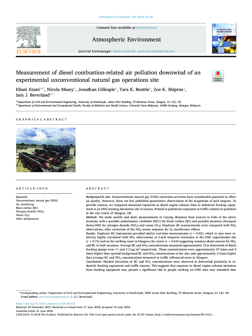 Measurement of diesel combustion-related air pollution downwind of an experimental unconventional natural gas operations site