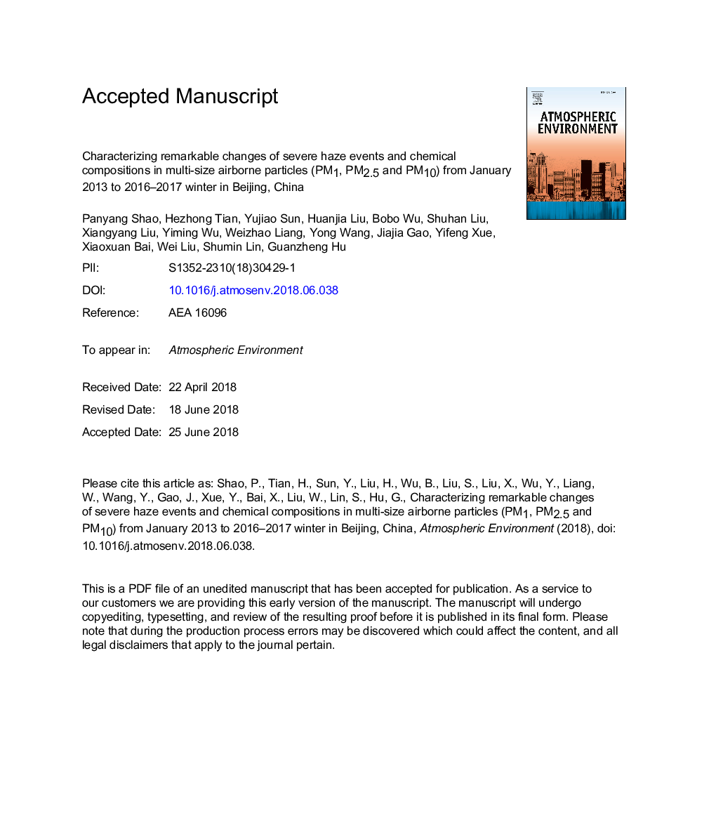 Characterizing remarkable changes of severe haze events and chemical compositions in multi-size airborne particles (PM1, PM2.5 and PM10) from January 2013 to 2016-2017 winter in Beijing, China