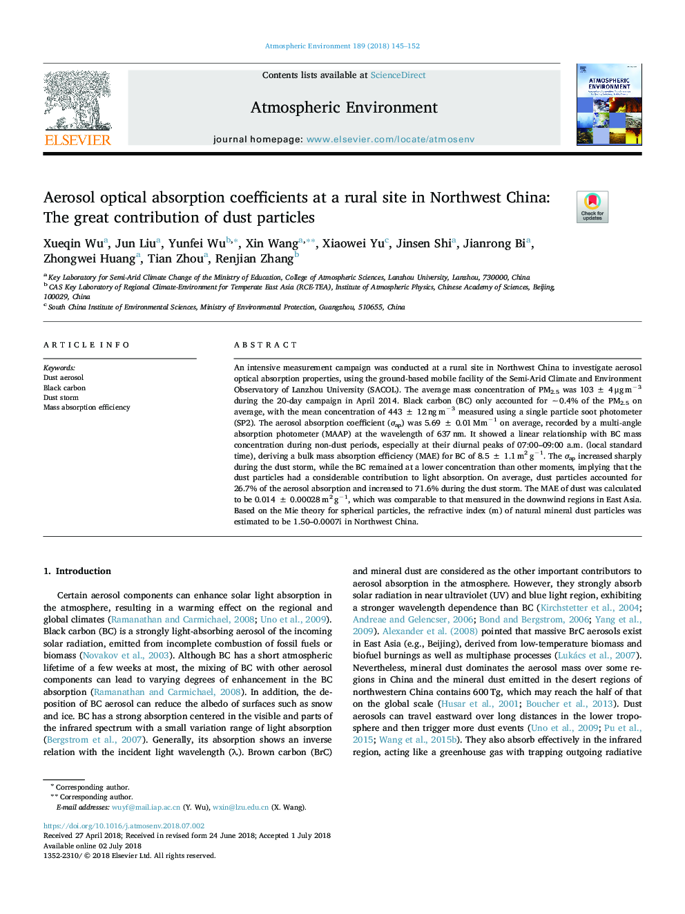 Aerosol optical absorption coefficients at a rural site in Northwest China: The great contribution of dust particles