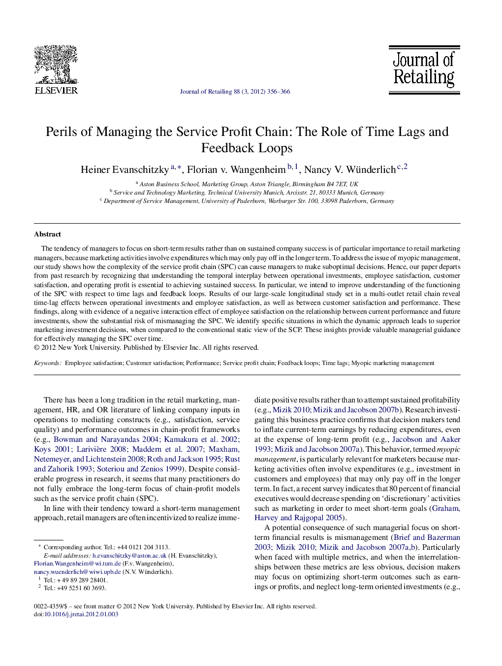 Perils of Managing the Service Profit Chain: The Role of Time Lags and Feedback Loops