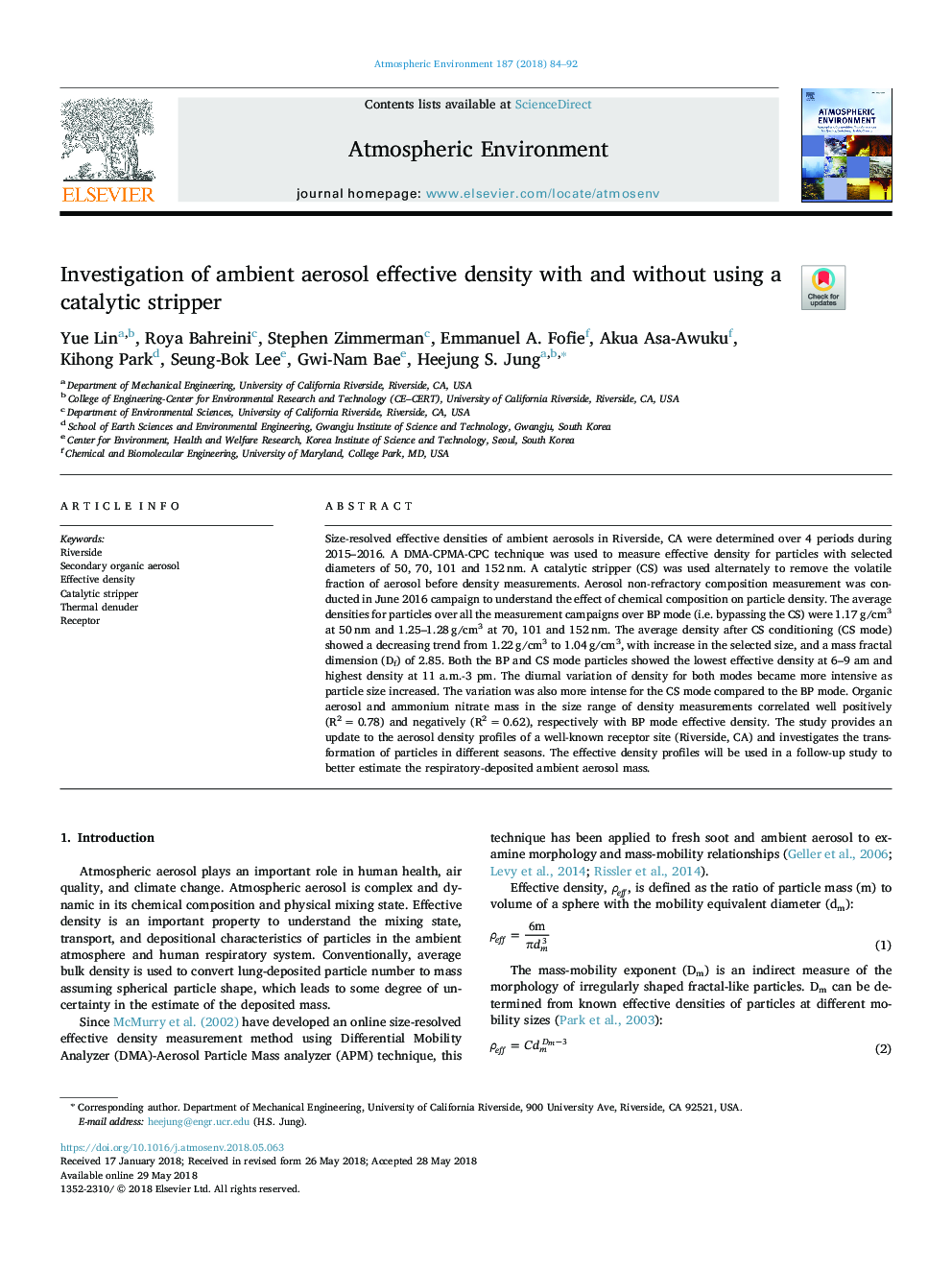 Investigation of ambient aerosol effective density with and without using a catalytic stripper