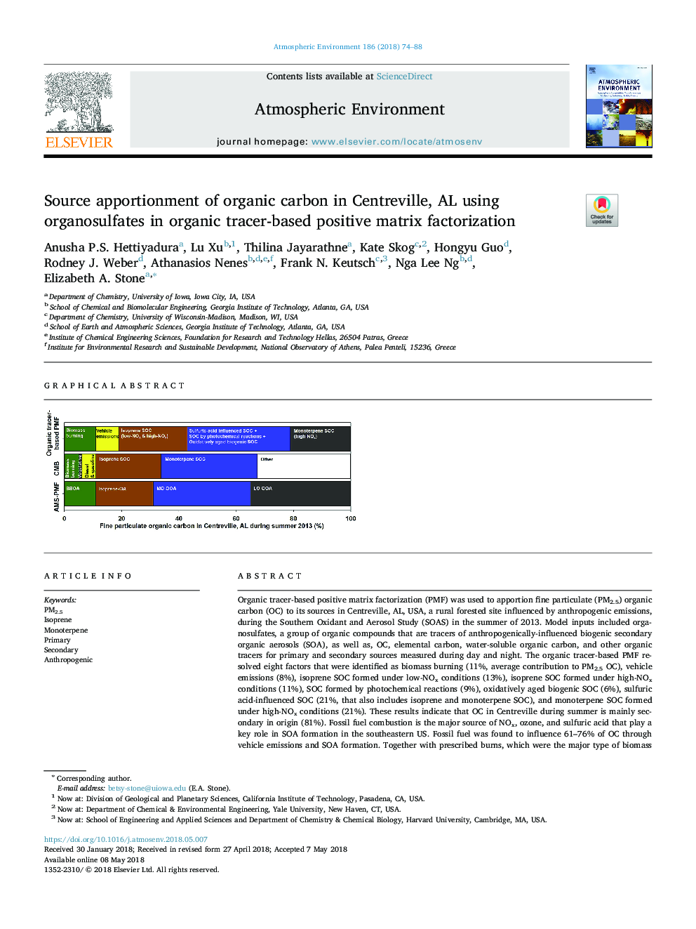 Source apportionment of organic carbon in Centreville, AL using organosulfates in organic tracer-based positive matrix factorization
