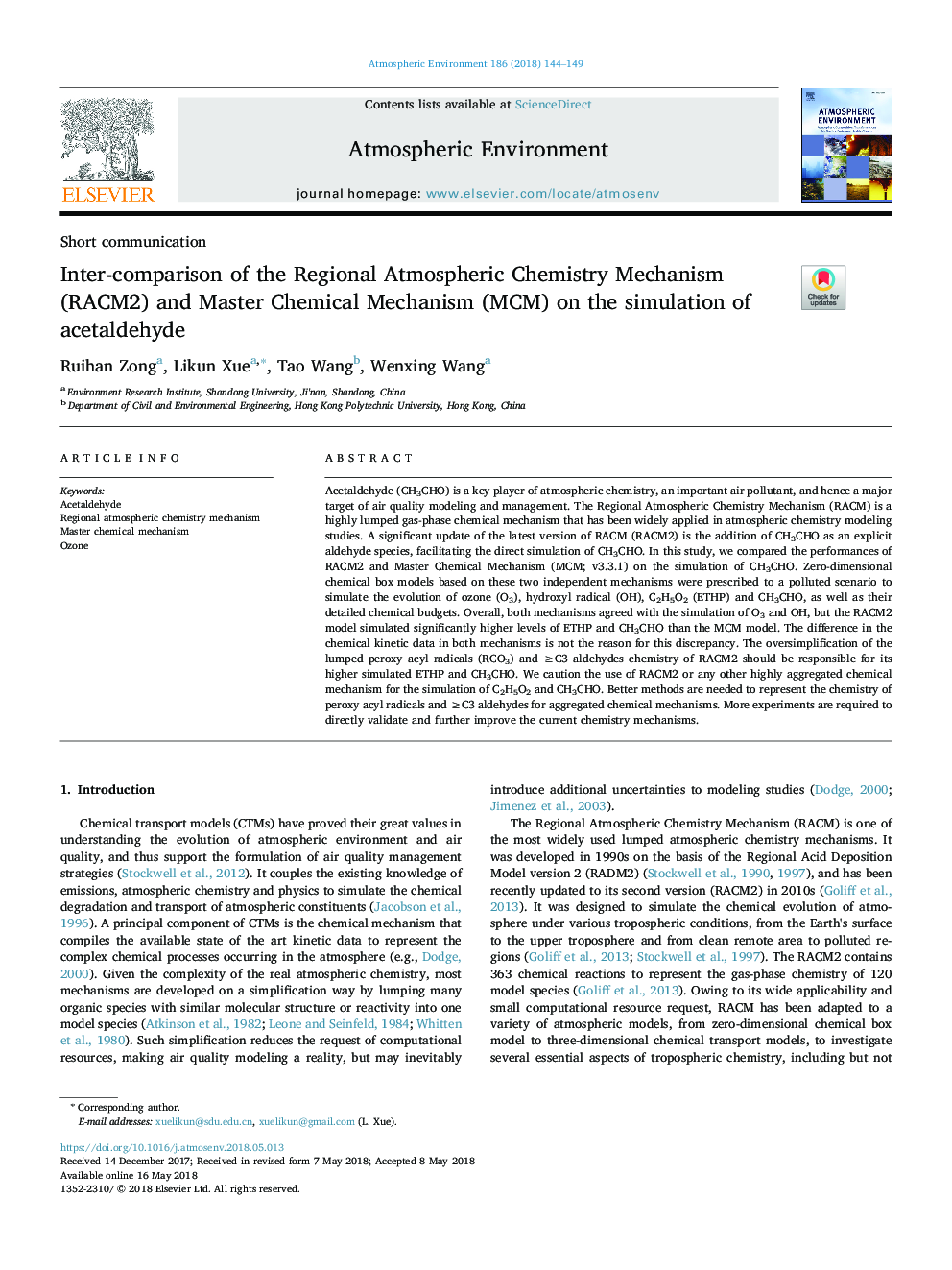 Inter-comparison of the Regional Atmospheric Chemistry Mechanism (RACM2) and Master Chemical Mechanism (MCM) on the simulation of acetaldehyde