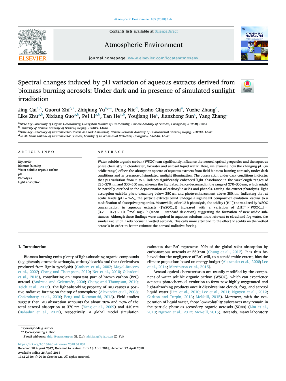 Spectral changes induced by pH variation of aqueous extracts derived from biomass burning aerosols: Under dark and in presence of simulated sunlight irradiation