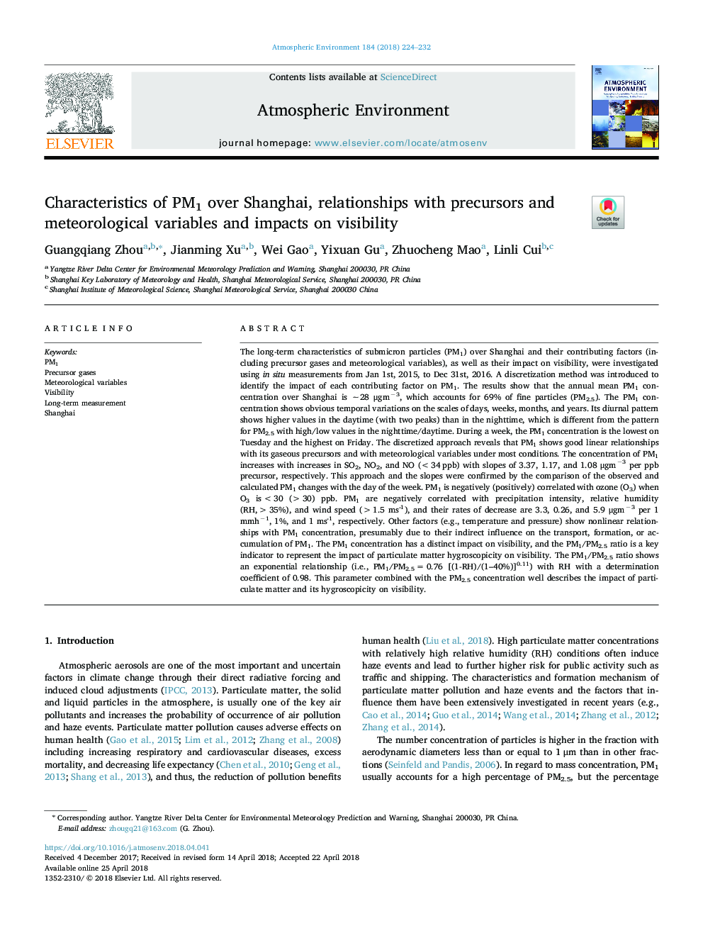 Characteristics of PM1 over Shanghai, relationships with precursors and meteorological variables and impacts on visibility