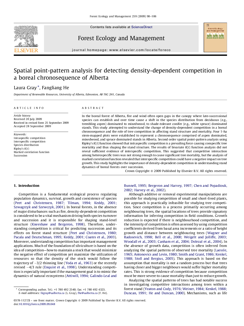 Spatial point-pattern analysis for detecting density-dependent competition in a boreal chronosequence of Alberta