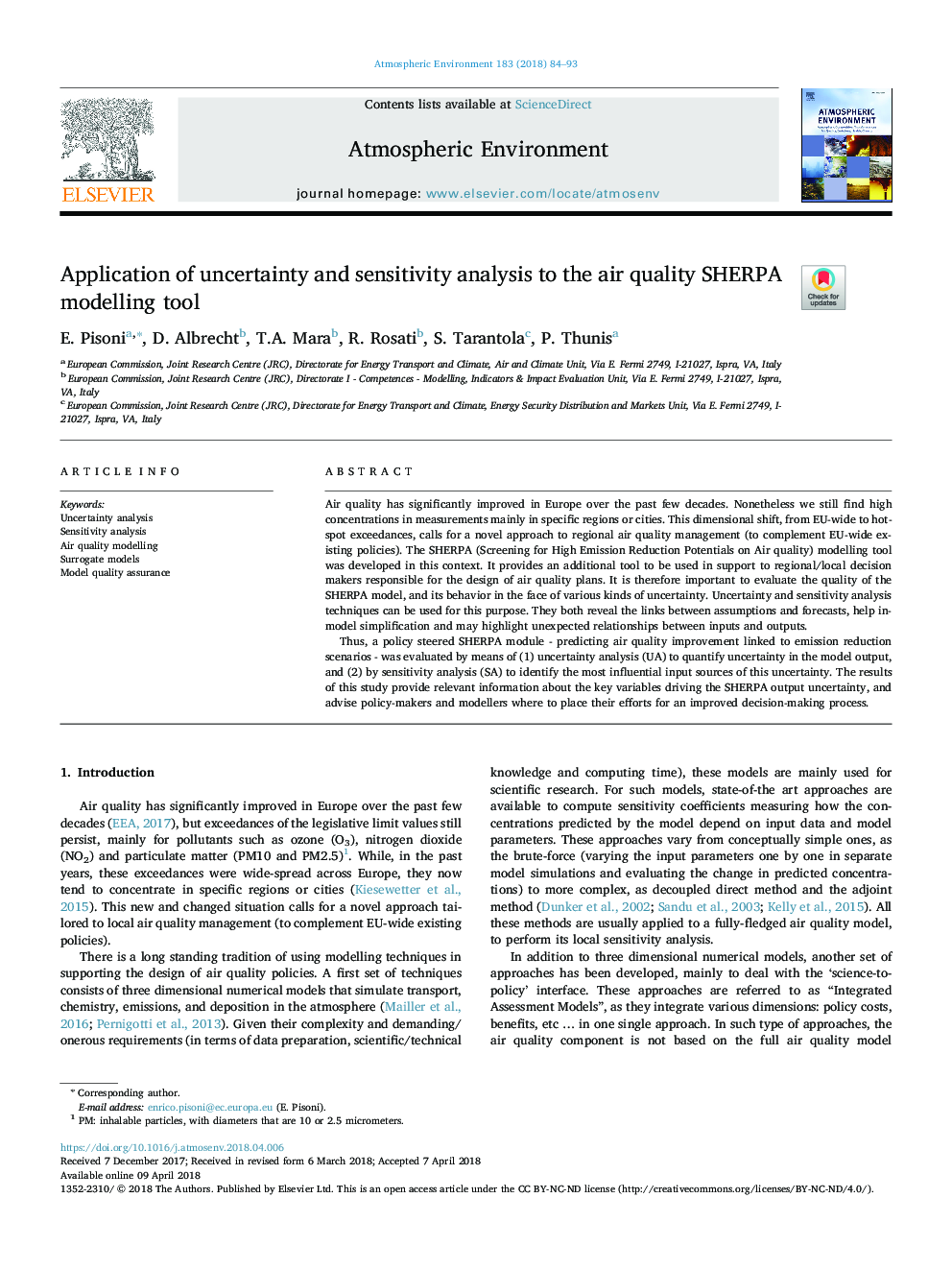Application of uncertainty and sensitivity analysis to the air quality SHERPA modelling tool