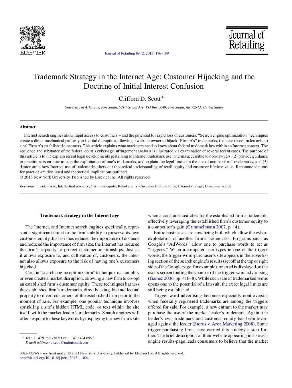 عکس صفحه اول مقاله: Trademark Strategy in the Internet Age: Customer Hijacking and the Doctrine of Initial Interest Confusion Trademark Strategy in the Internet Age: Customer Hijacking and the Doctrine of Initial Interest Confusion