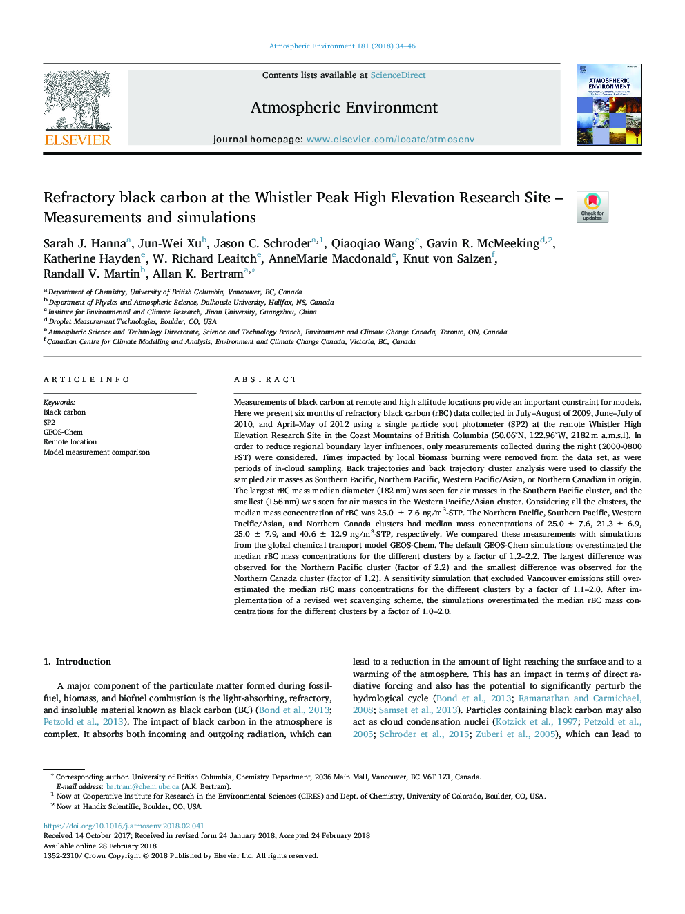 Refractory black carbon at the Whistler Peak High Elevation Research Site - Measurements and simulations