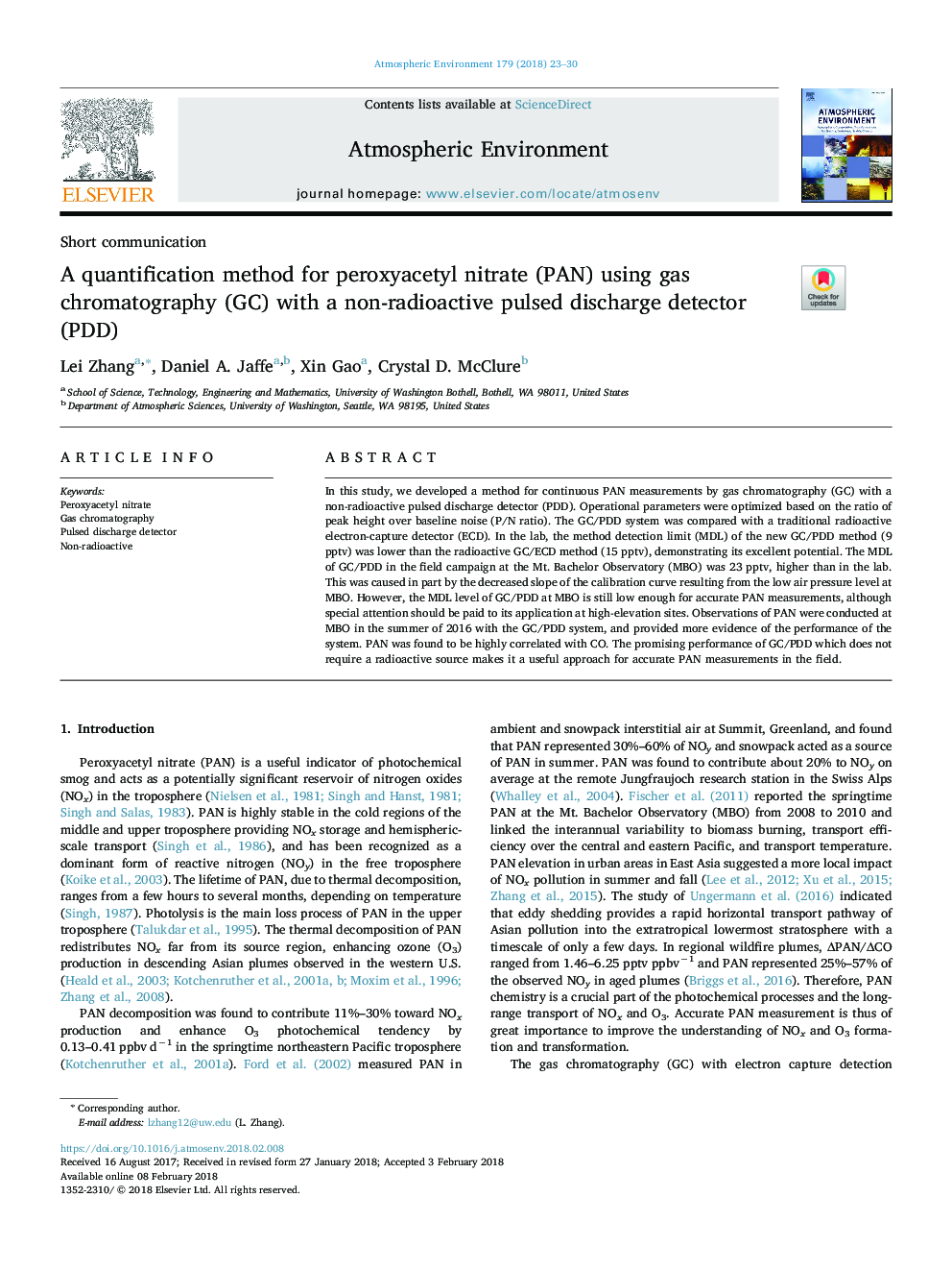 A quantification method for peroxyacetyl nitrate (PAN) using gas chromatography (GC) with a non-radioactive pulsed discharge detector (PDD)