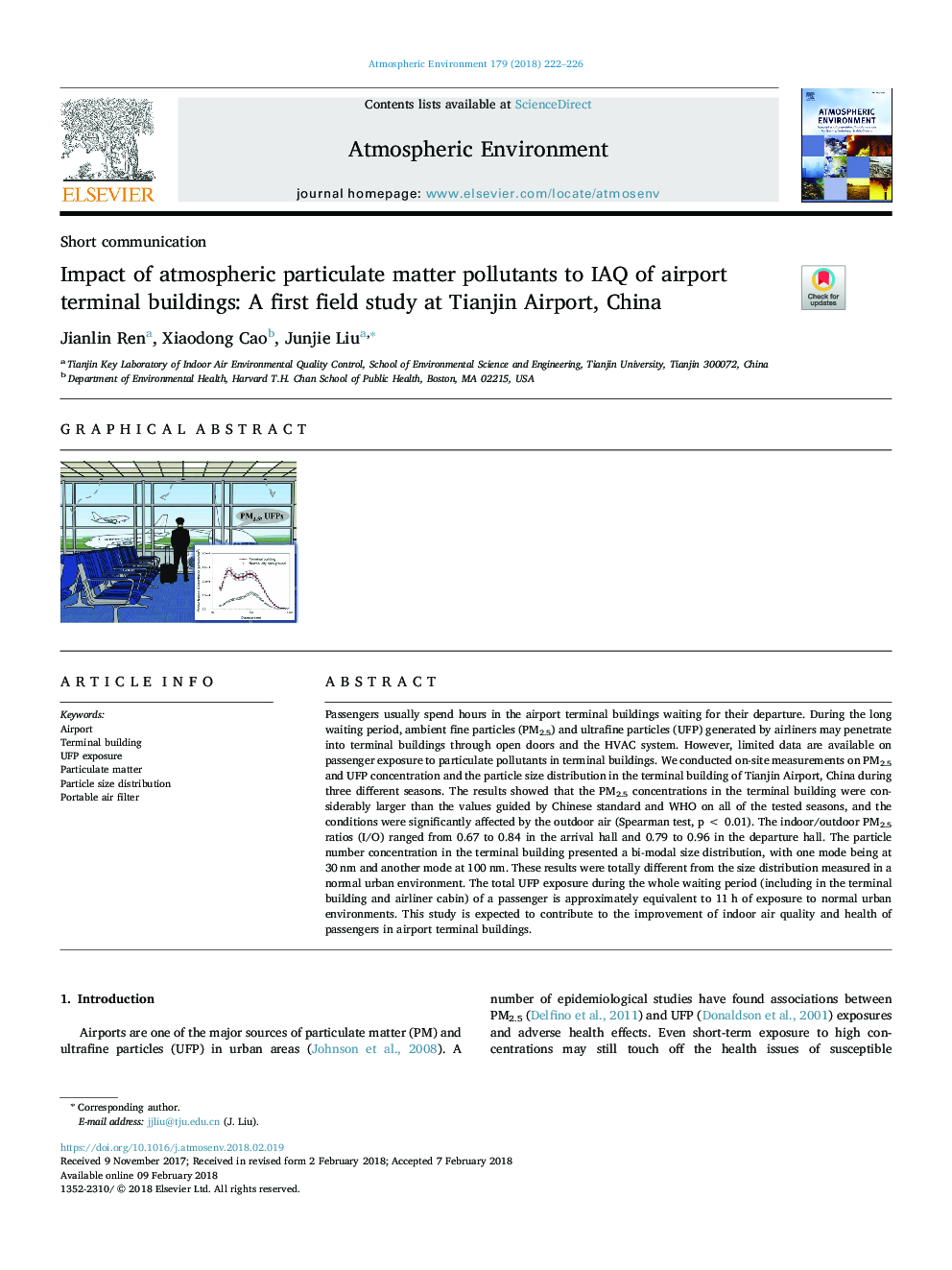 Impact of atmospheric particulate matter pollutants to IAQ of airport terminal buildings: A first field study at Tianjin Airport, China