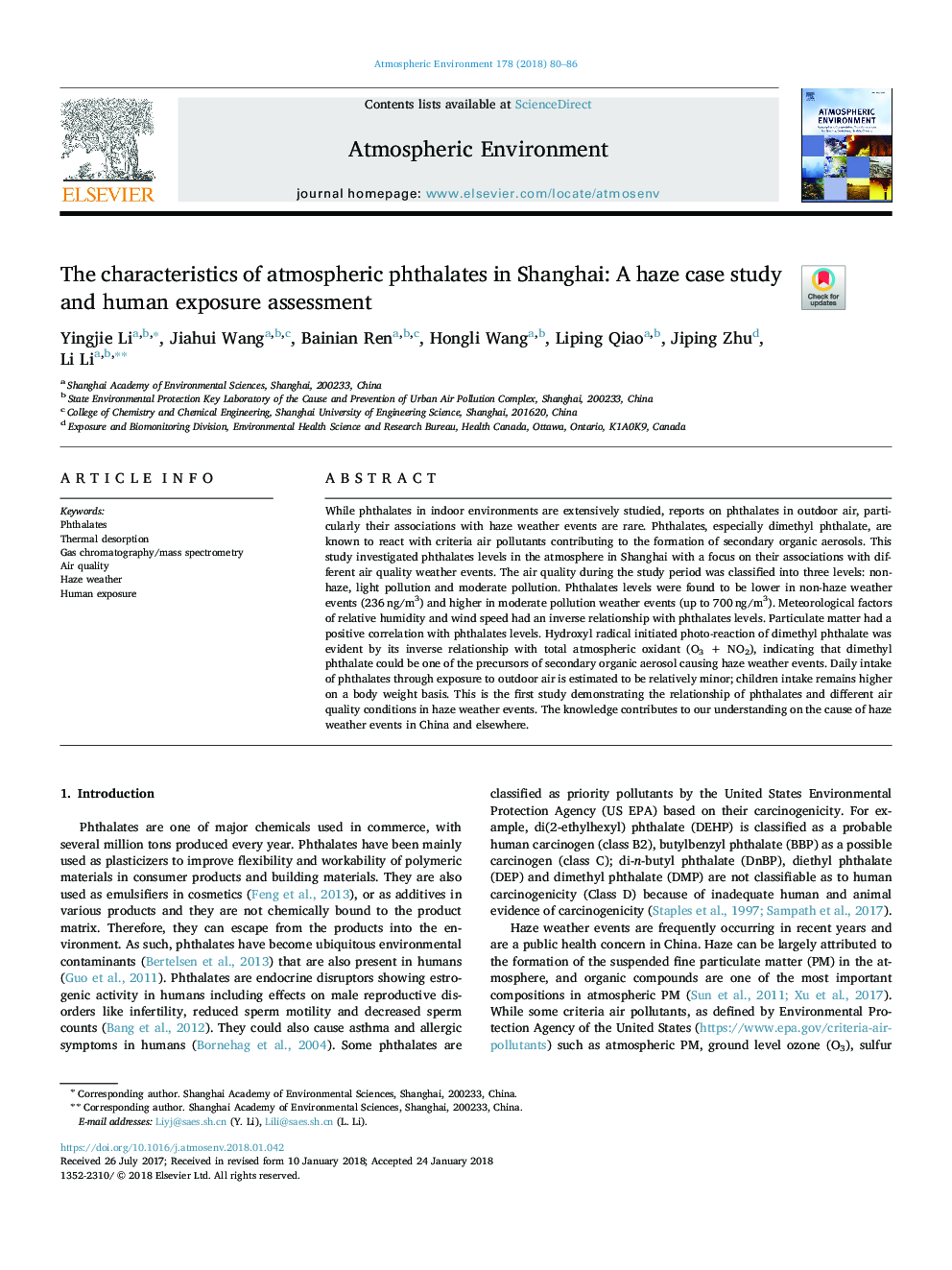 ویژگی های فتالات اتمسفر در شانگهای: یک مطالعه موردی حسن و ارزیابی قرار گرفتن در معرض انسانی 
