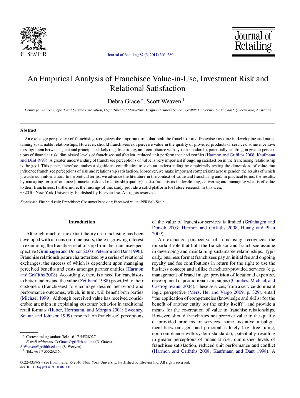 An Empirical Analysis of Franchisee Value-in-Use, Investment Risk and Relational Satisfaction