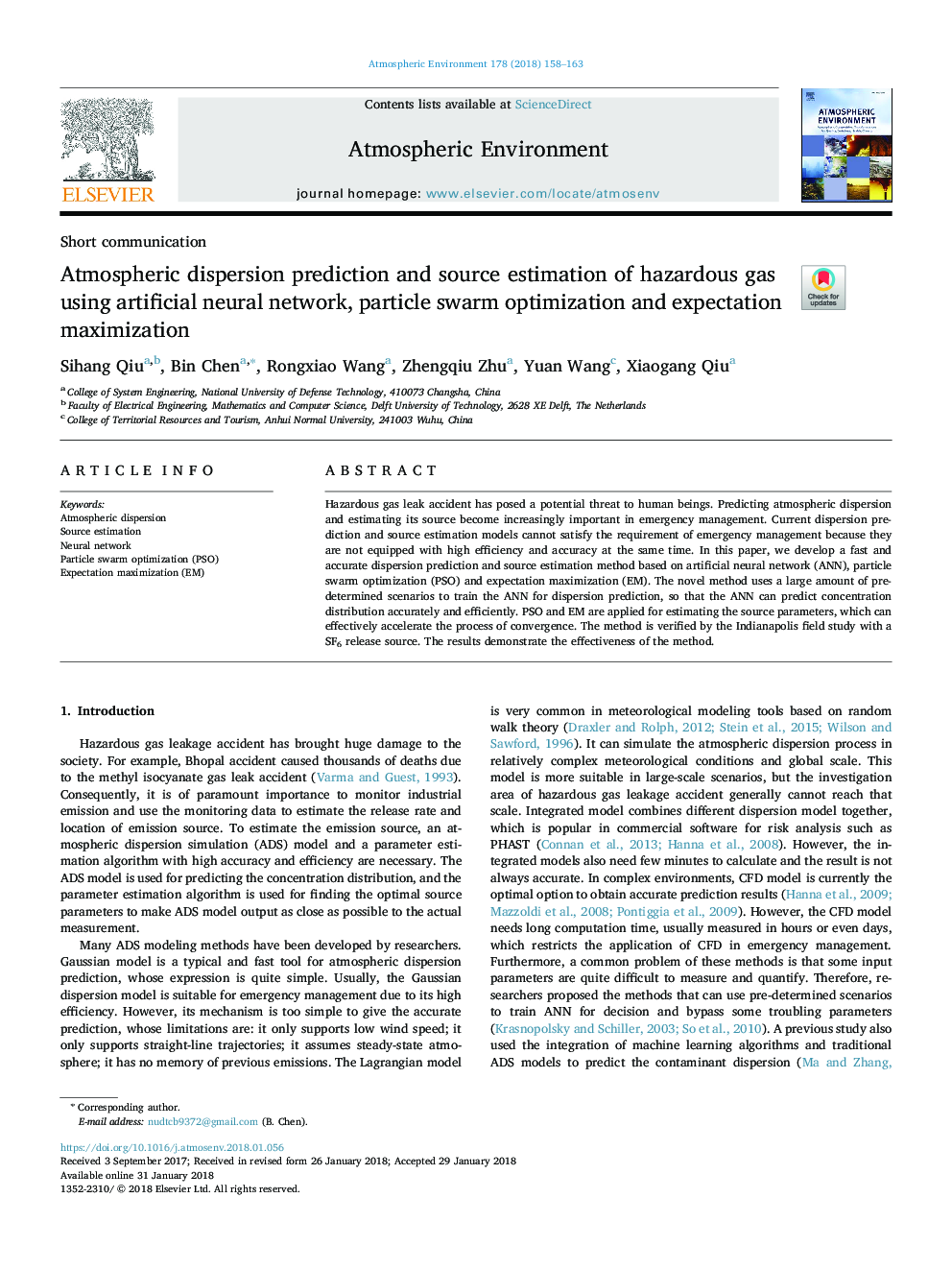 Atmospheric dispersion prediction and source estimation of hazardous gas using artificial neural network, particle swarm optimization and expectation maximization