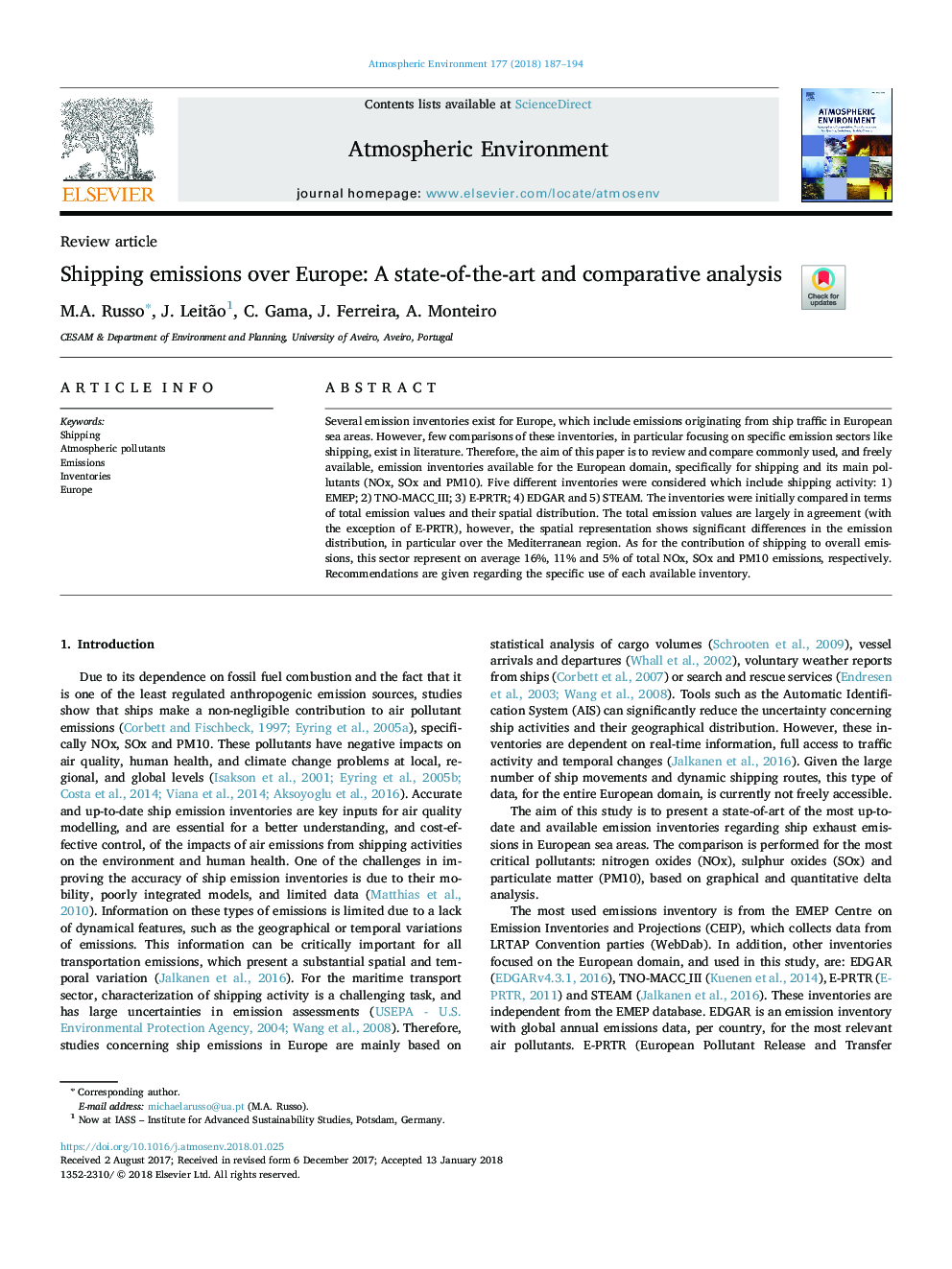 Shipping emissions over Europe: A state-of-the-art and comparative analysis