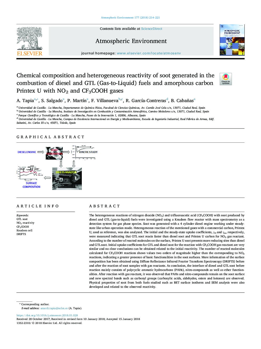 Chemical composition and heterogeneous reactivity of soot generated in the combustion of diesel and GTL (Gas-to-Liquid) fuels and amorphous carbon Printex U with NO2 and CF3COOH gases