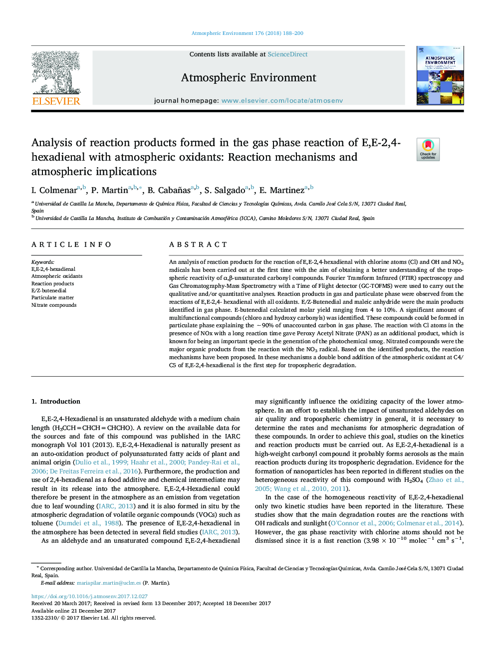 Analysis of reaction products formed in the gas phase reaction of E,E-2,4-hexadienal with atmospheric oxidants: Reaction mechanisms and atmospheric implications