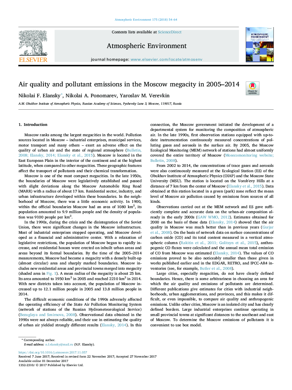 عکس صفحه اول مقاله: Air quality and pollutant emissions in the Moscow megacity in 2005-2014 Air quality and pollutant emissions in the Moscow megacity in 2005-2014