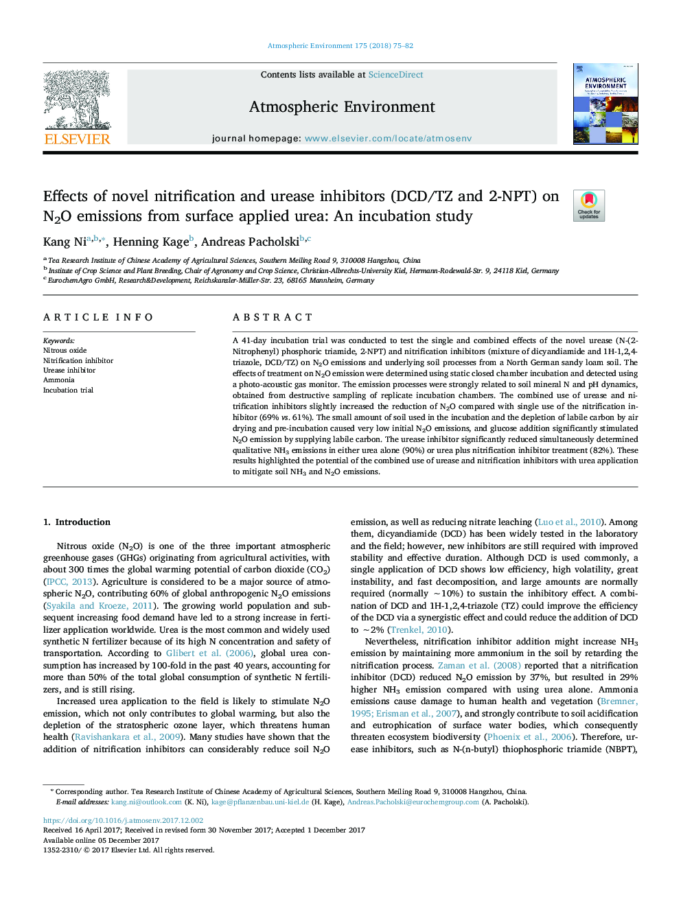 Effects of novel nitrification and urease inhibitors (DCD/TZ and 2-NPT) on N2O emissions from surface applied urea: An incubation study