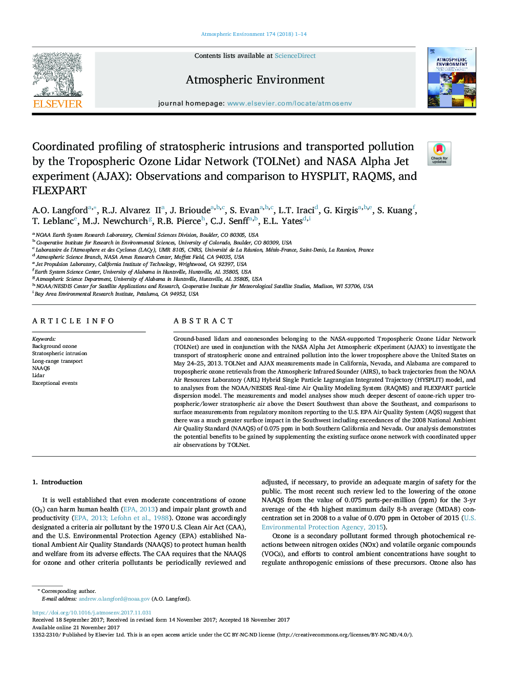 Coordinated profiling of stratospheric intrusions and transported pollution by the Tropospheric Ozone Lidar Network (TOLNet) and NASA Alpha Jet experiment (AJAX): Observations and comparison to HYSPLIT, RAQMS, and FLEXPART