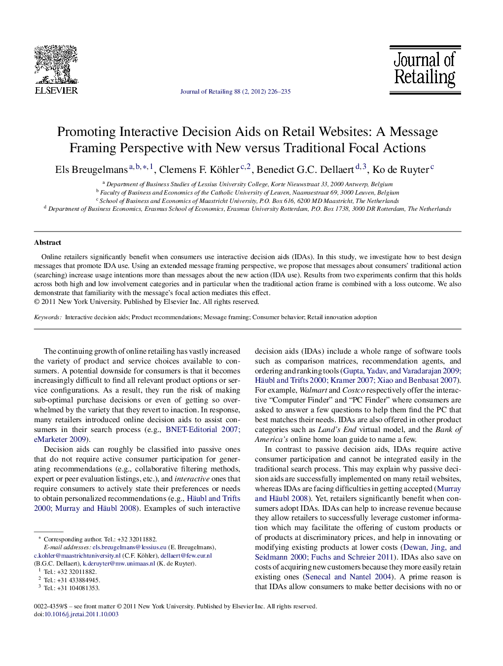 Promoting Interactive Decision Aids on Retail Websites: A Message Framing Perspective with New versus Traditional Focal Actions