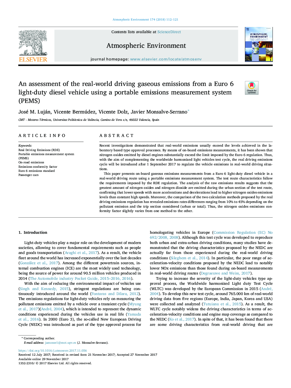 An assessment of the real-world driving gaseous emissions from a Euro 6 light-duty diesel vehicle using a portable emissions measurement system (PEMS)