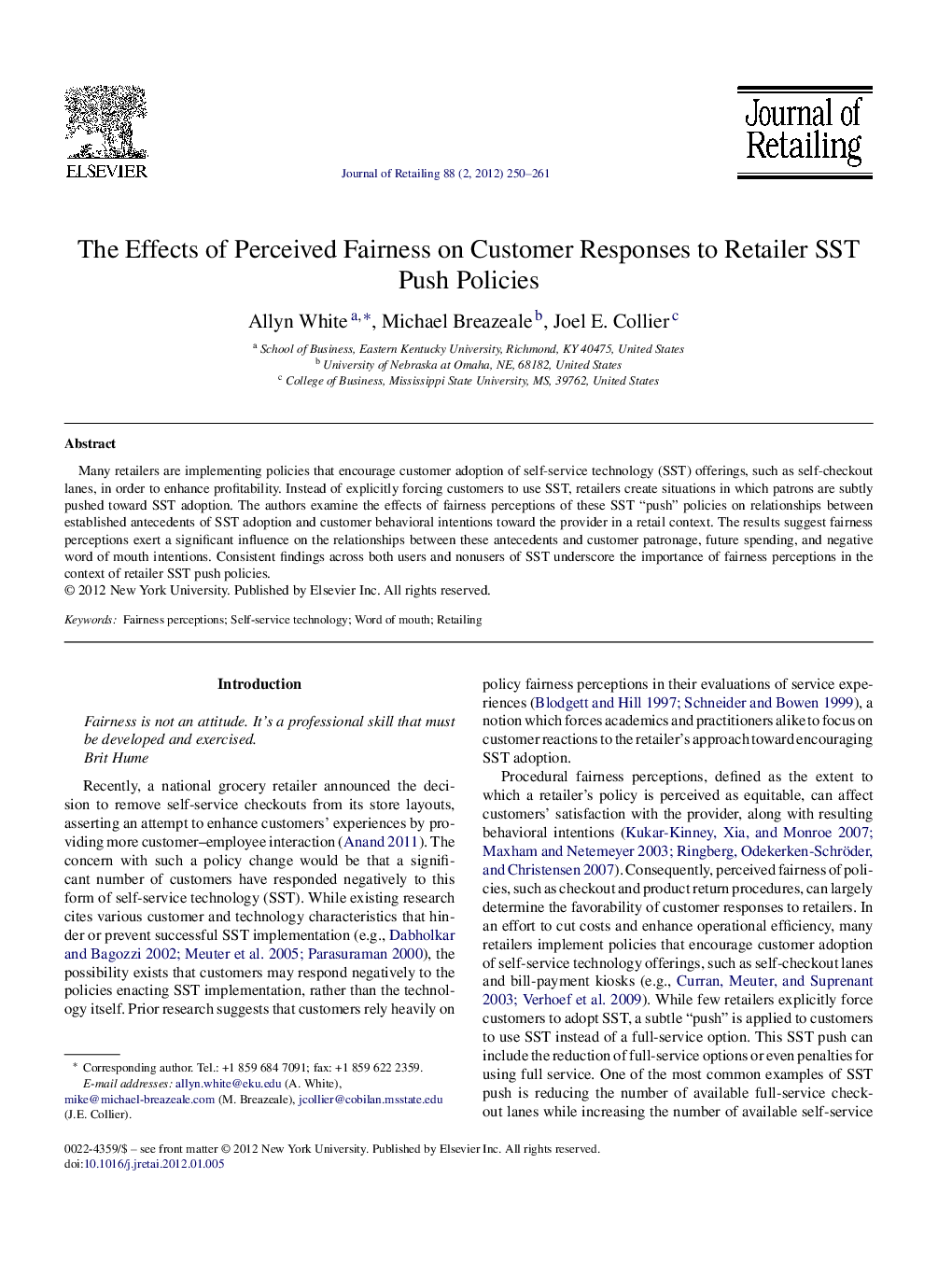 The Effects of Perceived Fairness on Customer Responses to Retailer SST Push Policies