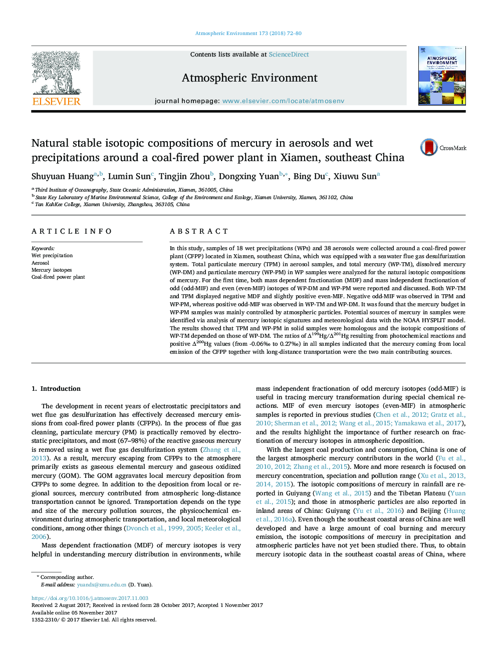 Natural stable isotopic compositions of mercury in aerosols and wet precipitations around a coal-fired power plant in Xiamen, southeast China