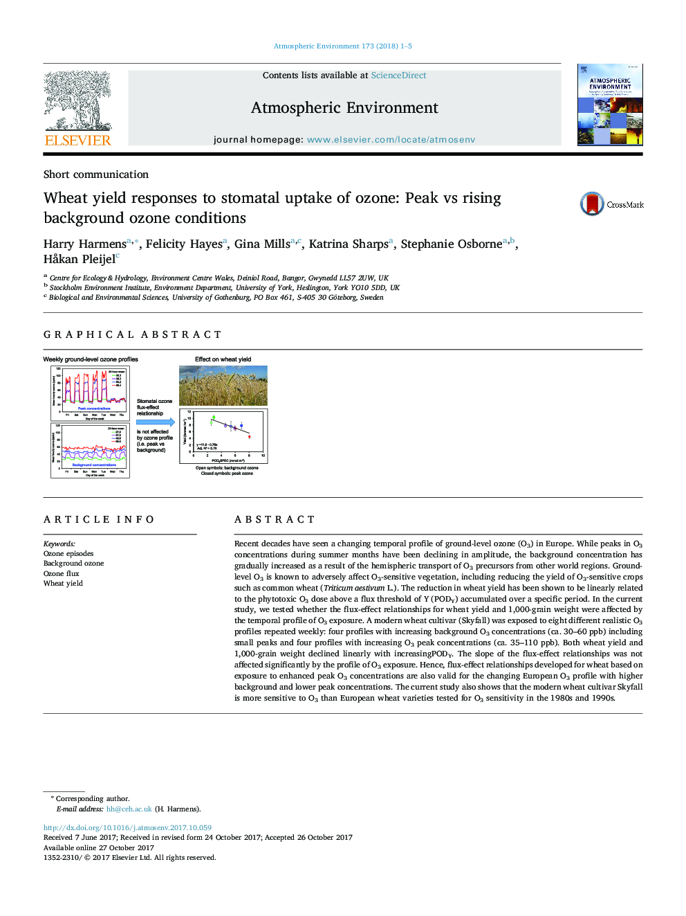 Wheat yield responses to stomatal uptake of ozone: Peak vs rising background ozone conditions